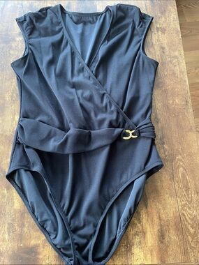 Bleu Rod Beattie Black One-Piece Swimsuit with Gold Ring Detail
